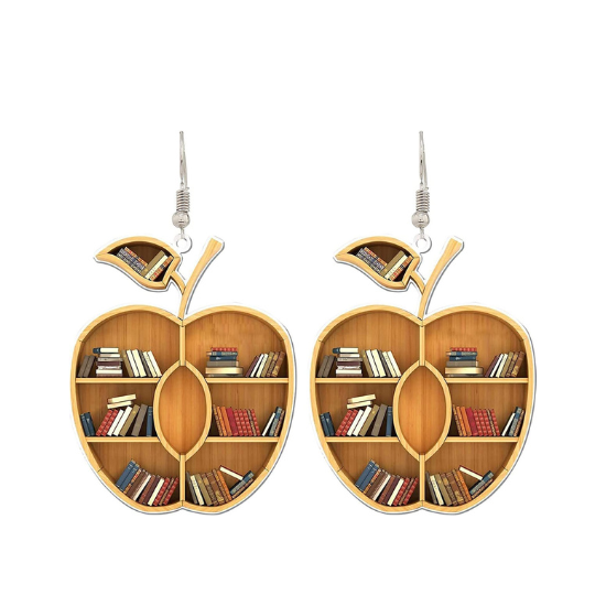 Apple shaped miniature bookshelf earrings are showcased over a white background.