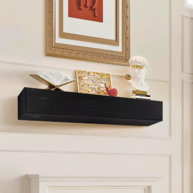 Black stained mantel slipcover sits on a white brick surround fireplace.