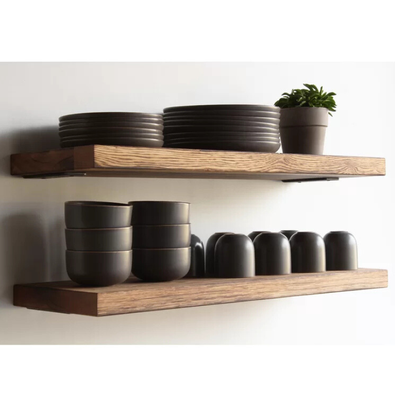 Burnt oak floating shelf set, two pieces. Handcrafted, heavy, thick solid stained oak shelving available in espresso, natural, and oil finish.