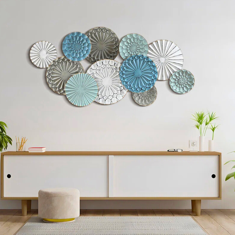 Abstract metal coastal wall decor in turquoise, grey, rustic distressed ocean themed colours.