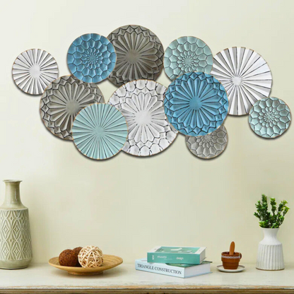 Abstract metal coastal wall decor in turquoise, grey, rustic distressed ocean themed colours.