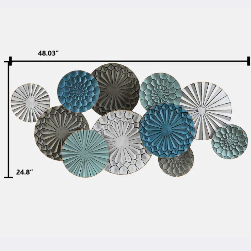 Abstract metal coastal wall decor in turquoise, grey, rustic distressed ocean themed colours.