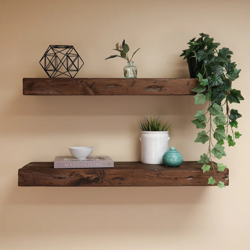 Handmade distressed and stained wood floating box shelf set of two.