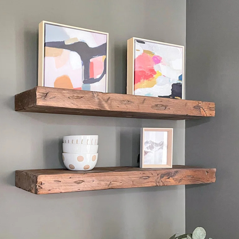 Handmade distressed and stained wood floating box shelf set of two.