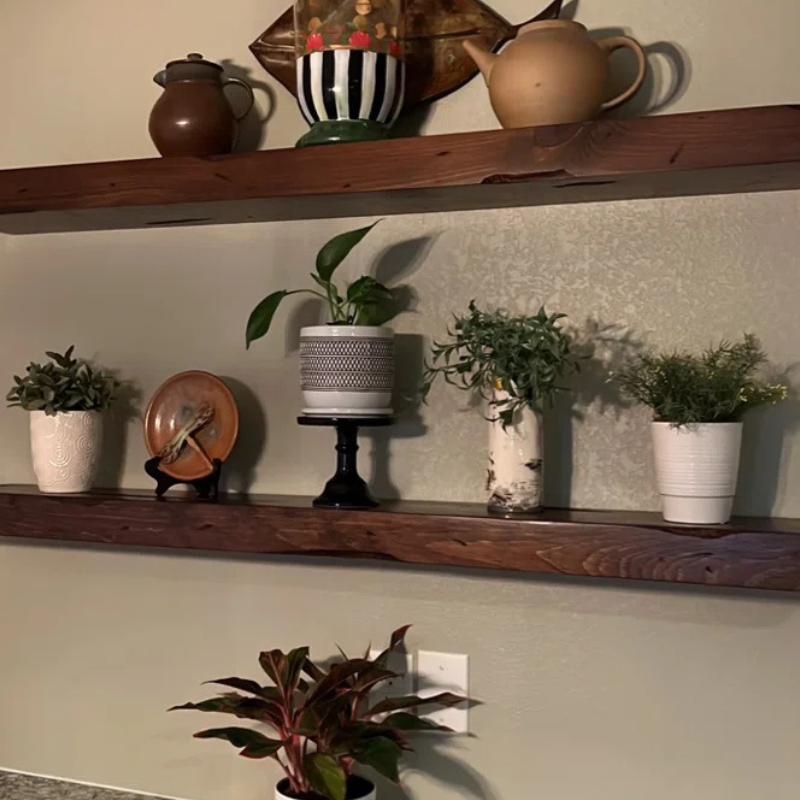 Handmade distressed and stained wood floating box shelf set of two.