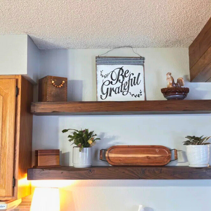 Handmade distressed and stained wood floating box shelf set of two.