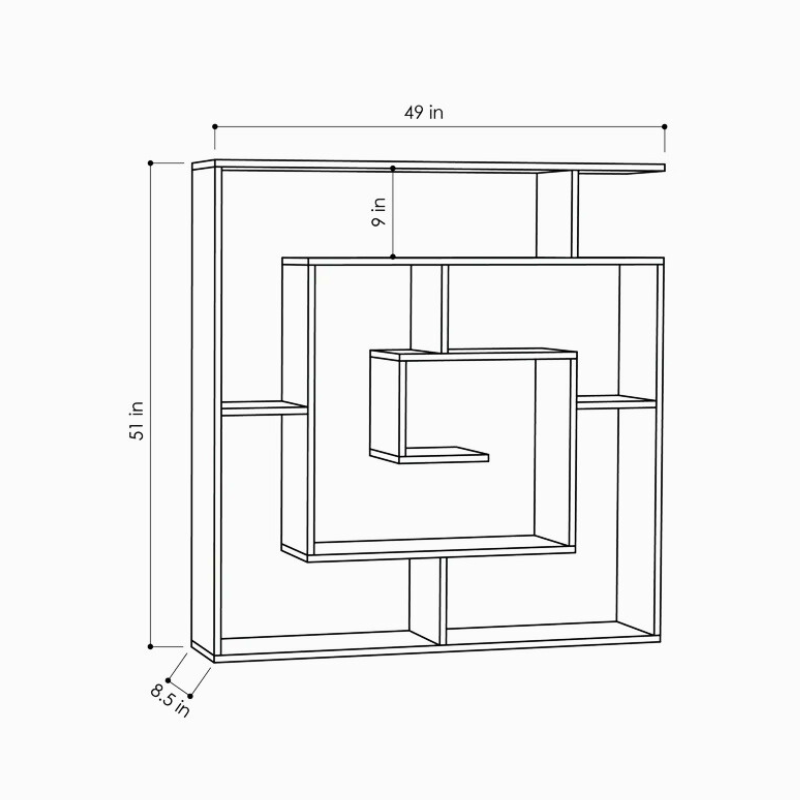 A spiralling square bookshelf is displayed. The geometric Fibonacci sequence shape of this unique bookshelf creates an artistic white bookcase. Sizing information.