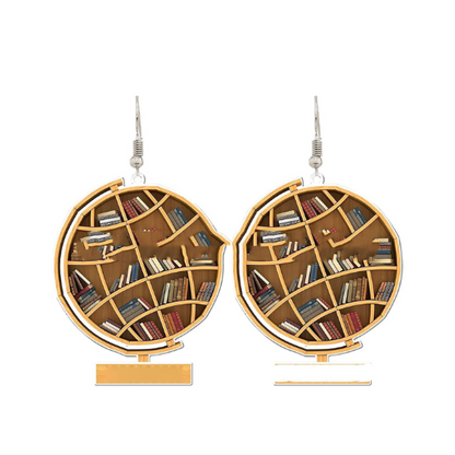 Globe shaped mini bookshelf earrings.