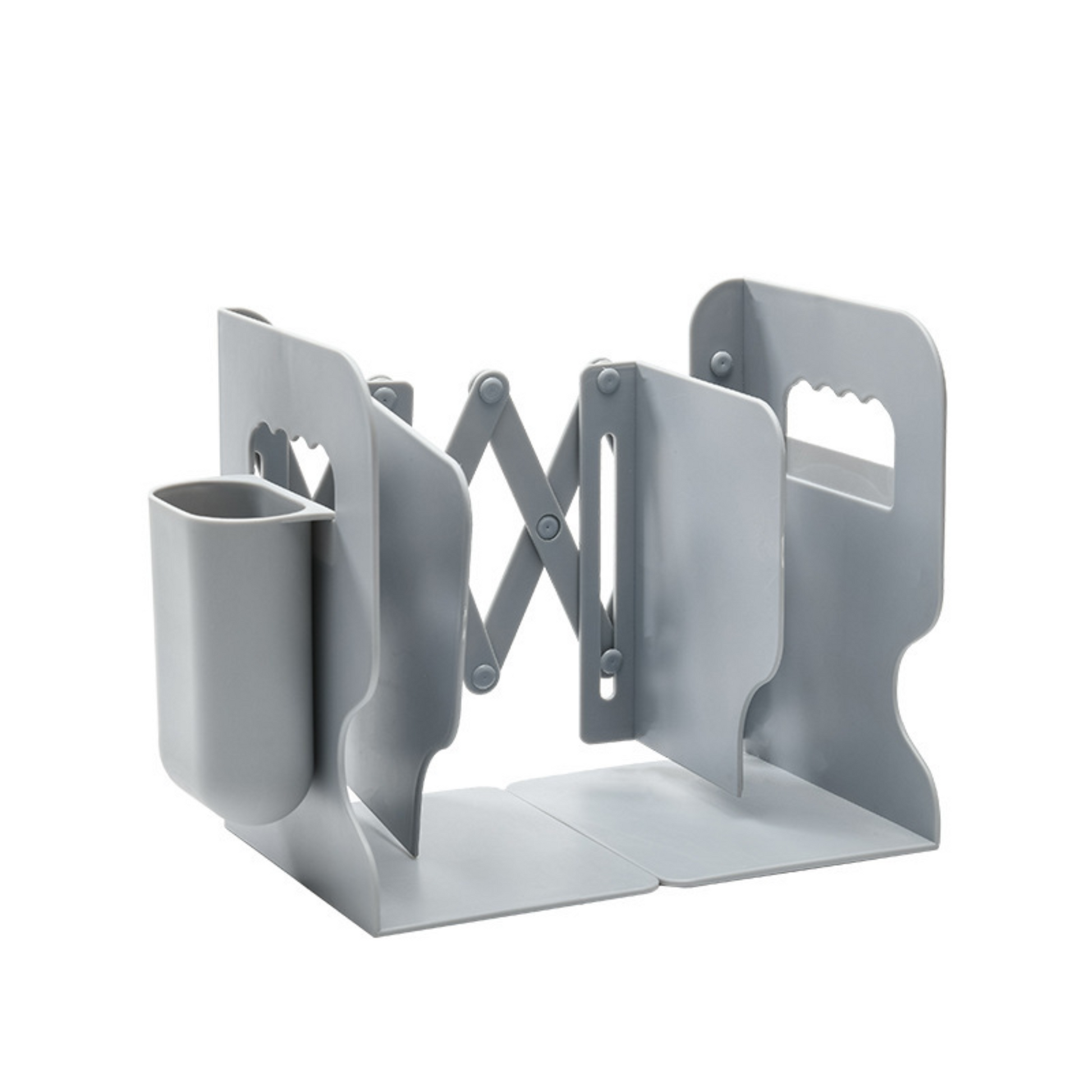 Accordion style retractable bookends in grey with side bucket attachment.