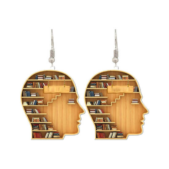 Head shaped miniature bookshelf earrings are showcased over a white background.