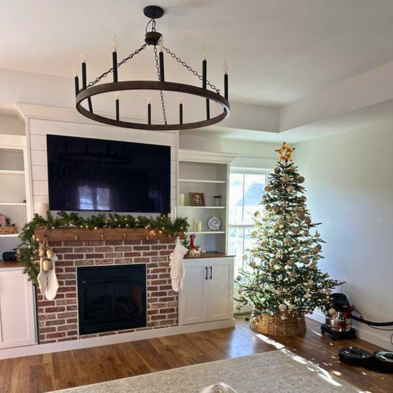 Rustic handmade Canadian Maple fireplace mantel slipcover is displayed in a holiday setting.