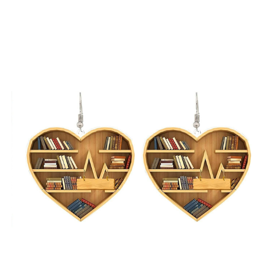 Heart shaped bookshelf earrings are displayed over a white background.