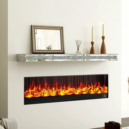 Mirrored glass crystal fireplace mantel with a reflective luxurious frame. For use as a mantel, or luxury floating shelf.