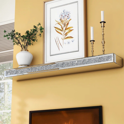 Mirrored glass crystal fireplace mantel with a reflective luxurious frame. For use as a mantel, or luxury floating shelf.