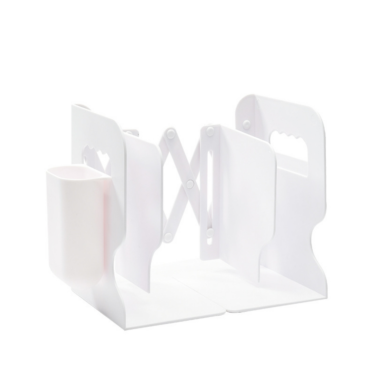 Accordion style retractable bookends in white with side bucket attatchment.