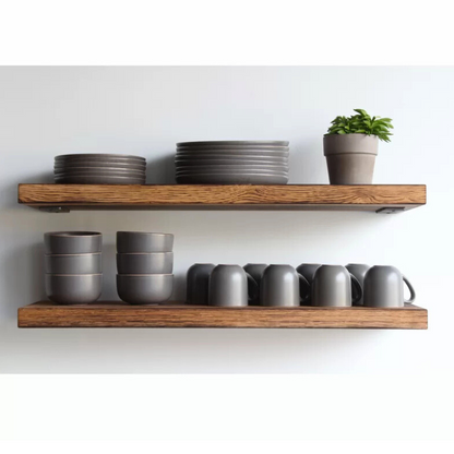 Burnt oak floating shelf set, two pieces. Handcrafted, heavy, thick solid stained oak shelving available in espresso, natural, and oil finish.