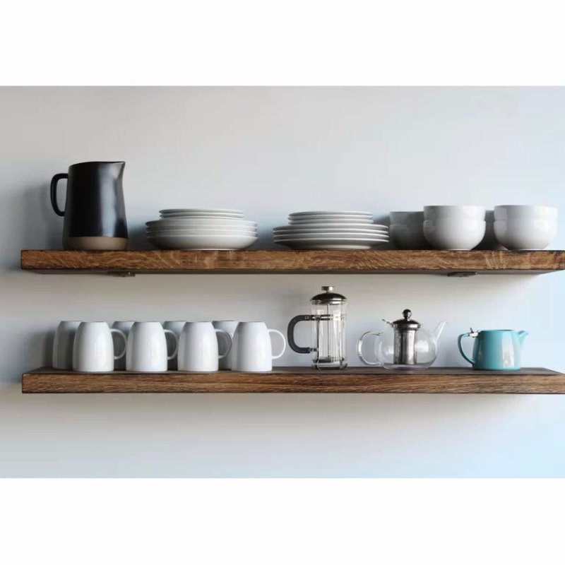 Burnt oak floating shelf set, two pieces. Handcrafted, heavy, thick solid stained oak shelving available in espresso, natural, and oil finish.