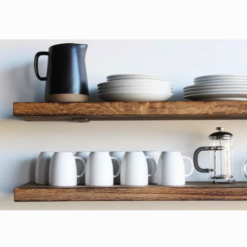 Burnt oak floating shelf set, two pieces. Handcrafted, heavy, thick solid stained oak shelving available in espresso, natural, and oil finish.