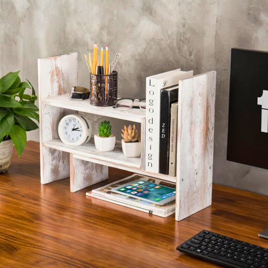 Rustic white wooden stackable and corner stackable unique desktop bookshelf.