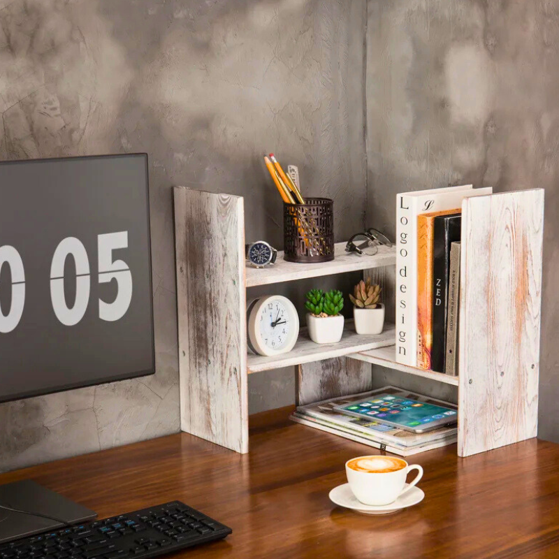 Rustic white wooden stackable and corner stackable unique desktop bookshelf.