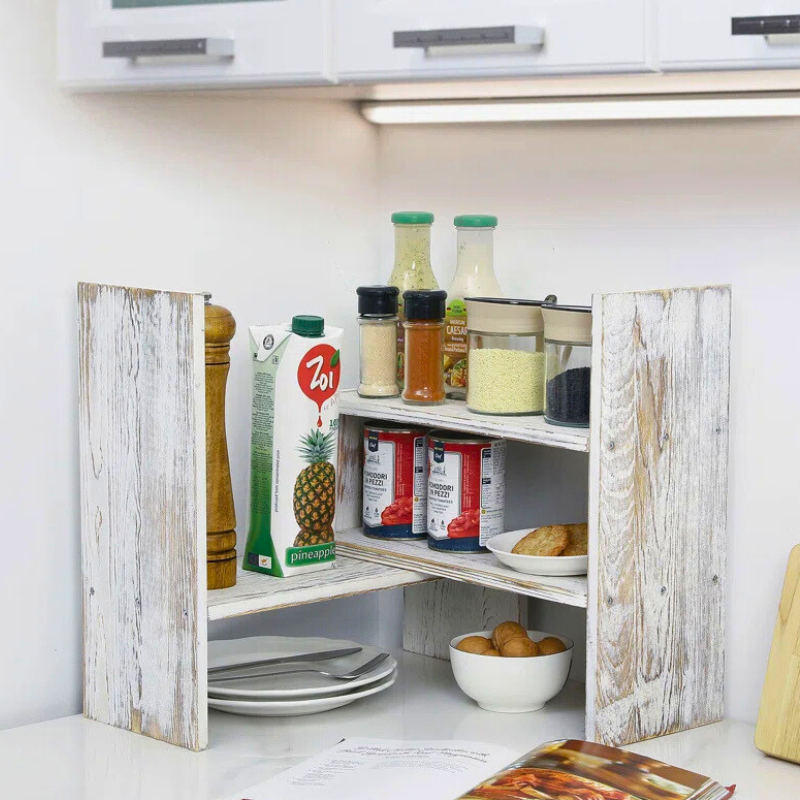 Rustic white wooden stackable and corner stackable unique desktop bookshelf.