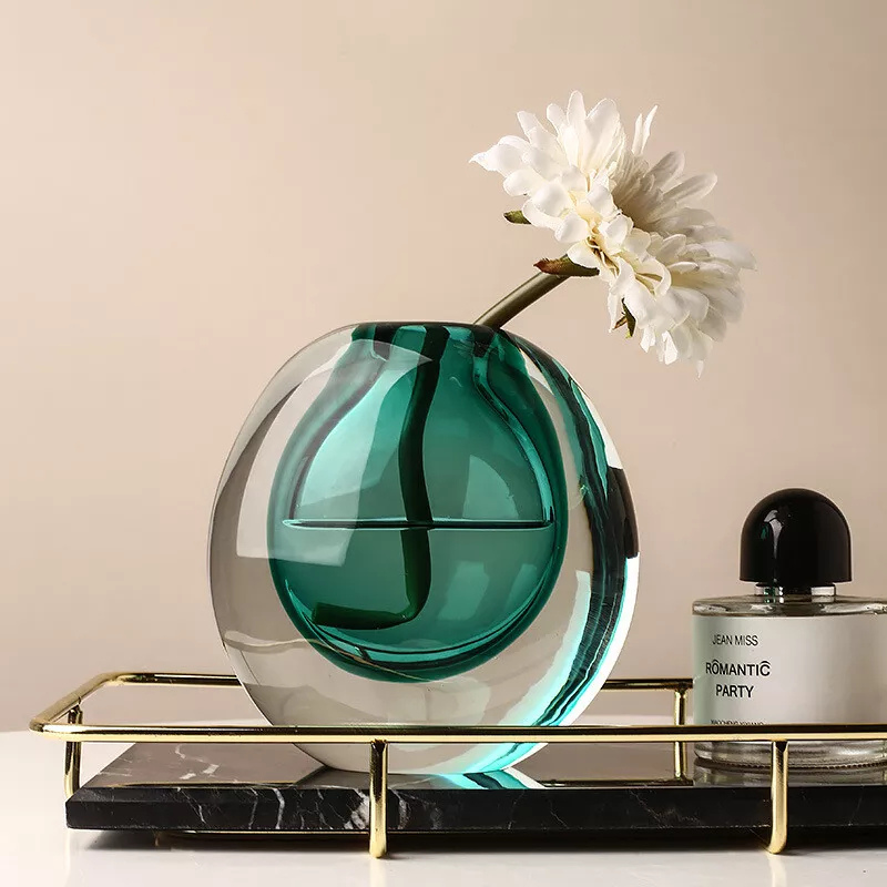 Thick hand blown glass luxury vases, colourful options with amber, green, blue, and black options.