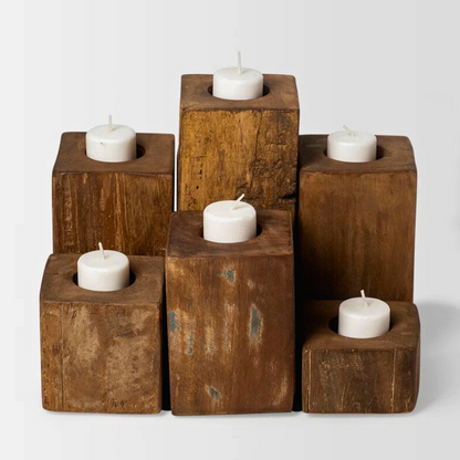 Nine Solid wood rustic stained 4x4 tea light holders. Handmade distressed home decor in various sizes and custom colours.