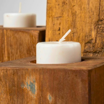 Nine Solid wood rustic stained 4x4 tea light holders. Handmade distressed home decor in various sizes and custom colours.