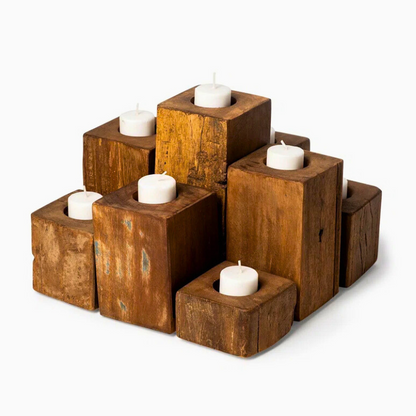 Nine Solid wood rustic stained 4x4 tea light holders. Handmade distressed home decor in various sizes and custom colours.