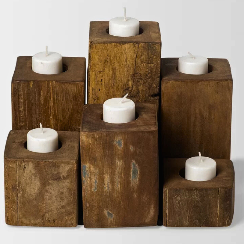 Nine Solid wood rustic stained 4x4 tea light holders. Handmade distressed home decor in various sizes and custom colours.