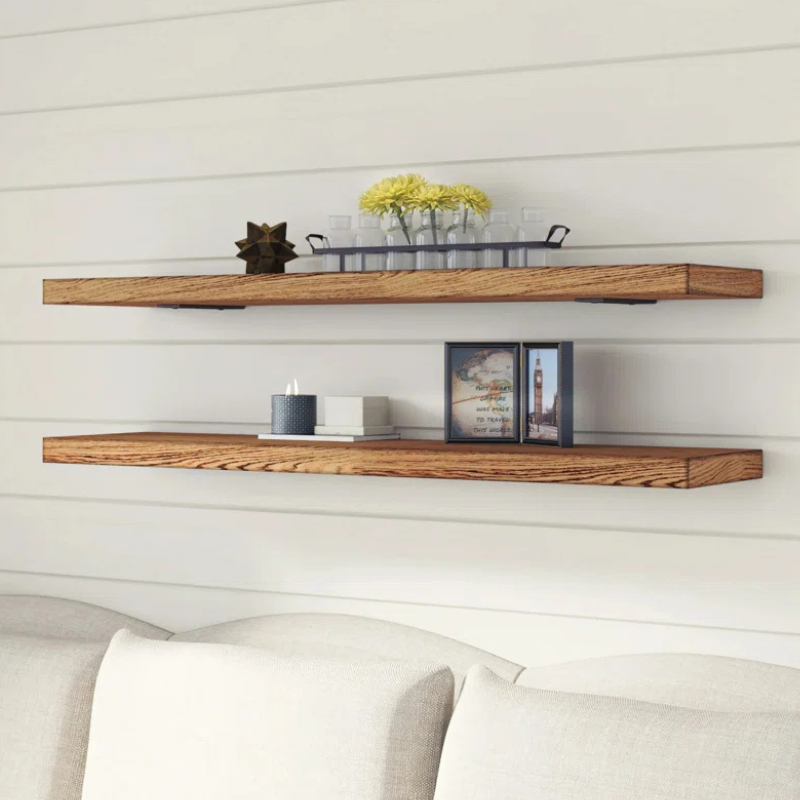 Burnt oak floating shelf set, two pieces. Handcrafted, heavy, thick solid stained oak shelving available in espresso, natural, and oil finish.