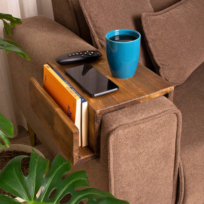 A solid wood handmade stained couch caddy, finished with gloss.  A rustic and truly handmade wooden armrest available in thin and wide options. Multiple sizes and stains are available, the standard size is shown.