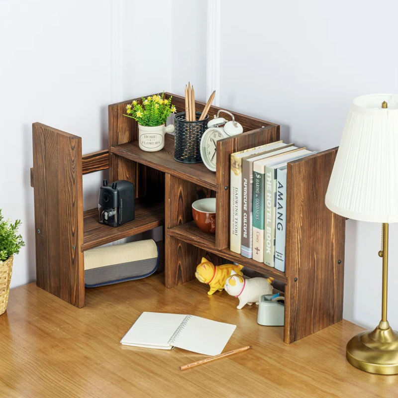 A unique desktop bookshelf. Three-piece, corner and side stackable burnt and stained wood desk organizer. Handmade from sustainable materials, and ships for free.