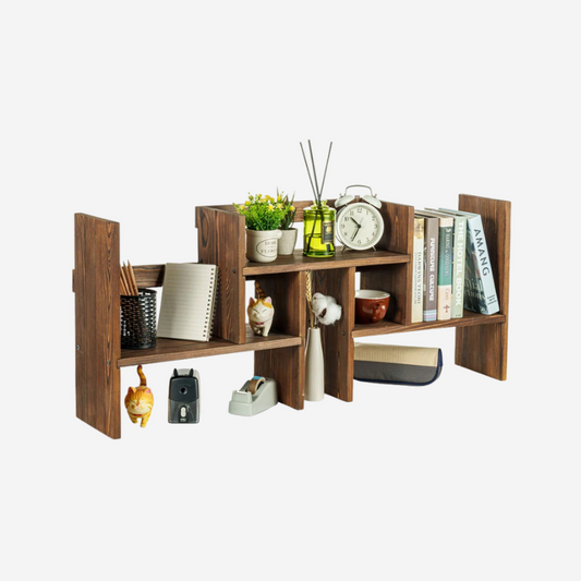 A unique desktop bookshelf. Three-piece, corner and side stackable burnt and stained wood desk organizer. Handmade from sustainable materials, and ships for free.