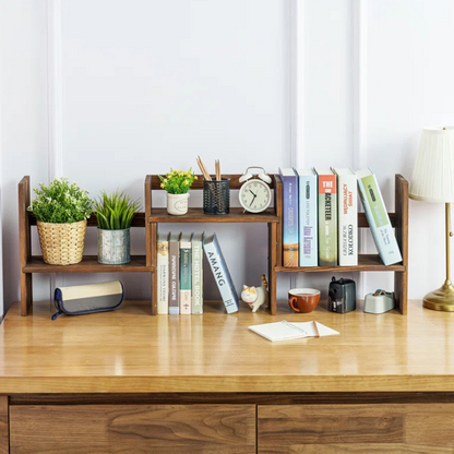 A unique desktop bookshelf. Three-piece, corner and side stackable burnt and stained wood desk organizer. Handmade from sustainable materials, and ships for free.