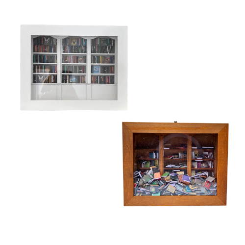 Original Anxiety Bookshelf and White Anxiety Bookshelf are imaged alongside an image of the mini books included. Mini bookshelf boxes to shake away stress.