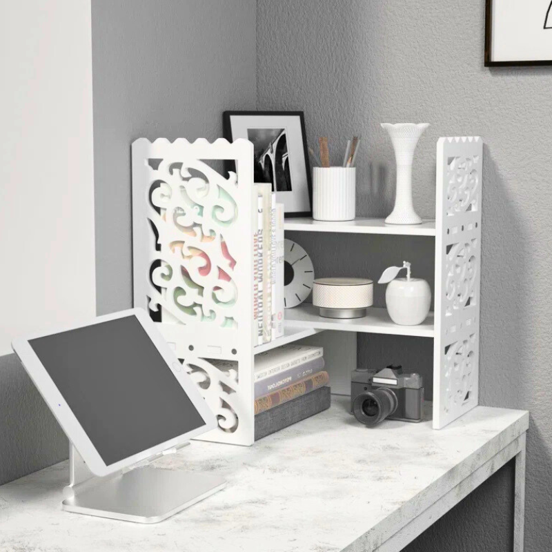 A unique paisley pattern engraved desktop bookshelf. A white stackable and side-stackable around corners. 