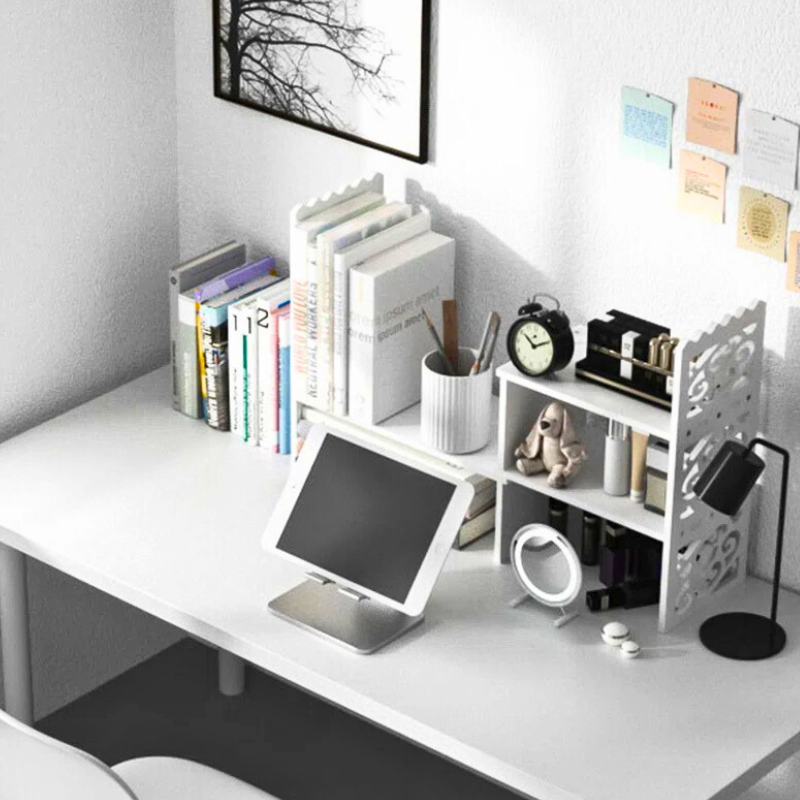 A unique paisley pattern engraved desktop bookshelf. A white stackable and side-stackable around corners. 