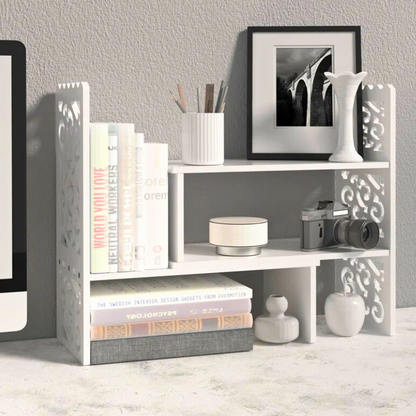 A unique paisley pattern engraved desktop bookshelf. A white stackable and side-stackable around corners. 