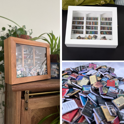 Original Anxiety Bookshelf and White Anxiety Bookshelf are imaged alongside an image of the mini books included. Mini bookshelf boxes to shake away stress.