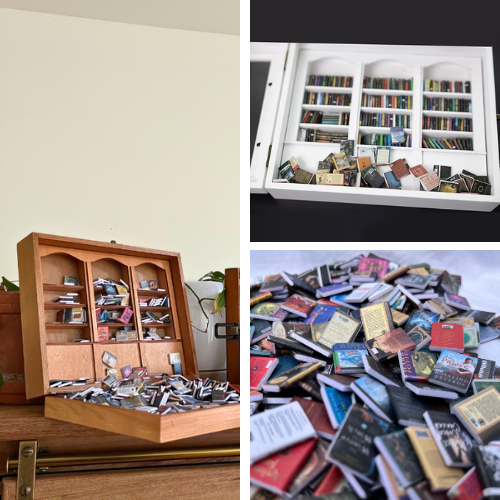 Original Anxiety Bookshelf and White Anxiety Bookshelf are imaged alongside an image of the mini books included. Mini bookshelf boxes to shake away stress.