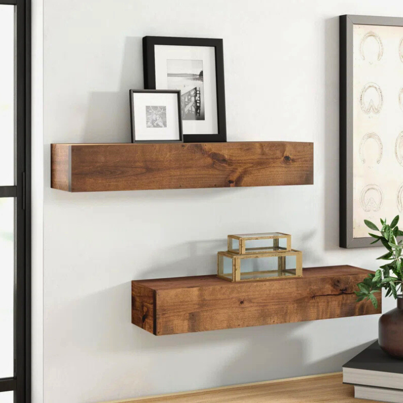 A Set of Rustic handmade stained wood box floating shelves. Custom stains and sizes are available. Large faced floating shelves with flat face showcasing the wood grain.