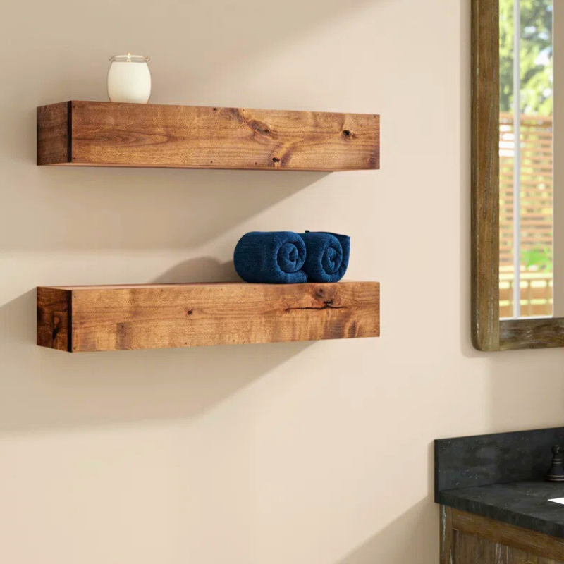 A Set of Rustic handmade stained wood box floating shelves. Custom stains and sizes are available. Large faced floating shelves with flat face showcasing the wood grain.