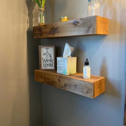 A Set of Rustic handmade stained red oak wood box floating shelves. Custom stains and sizes are available. Large faced floating shelves with flat face showcasing the wood grain.