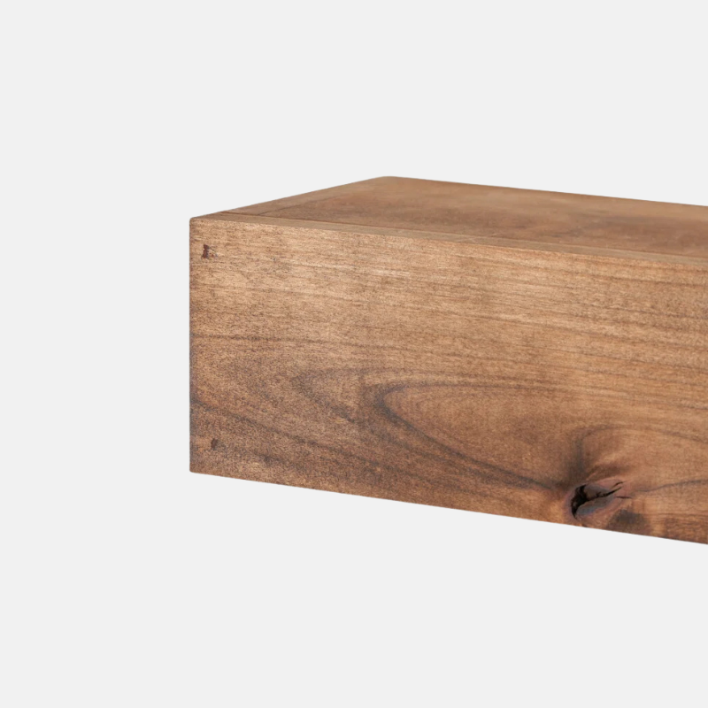 Handmade stained wood box floating shelves. Custom stains and sizes are available. Large faced floating shelves with flat face showcasing the wood grain.