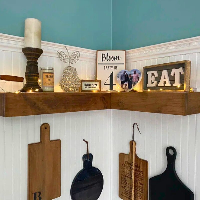 A Set of Rustic handmade stained wood box floating shelves. Custom stains and sizes are available. Large faced floating shelves with flat face showcasing the wood grain.