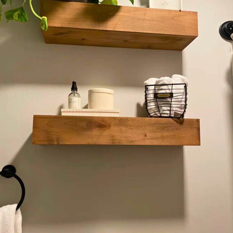 A Set of Rustic handmade stained red oak wood box floating shelves. Custom stains and sizes are available. Large faced floating shelves with flat face showcasing the wood grain.