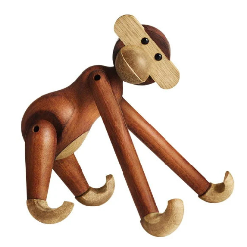 Handmade poseable wood monkey figurine made from teak and limba.