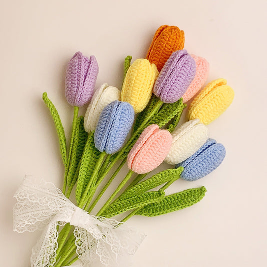 Colorful handmade crochet tulips with flexible green stem included.