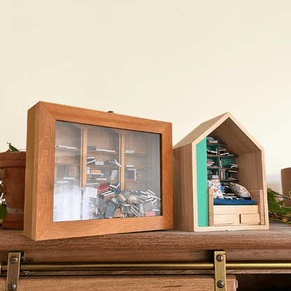 Anxiety Bookshelf and Anxiety Book Room  shaped book boxes to shake away stress. Mini bookcases filled with mini books.